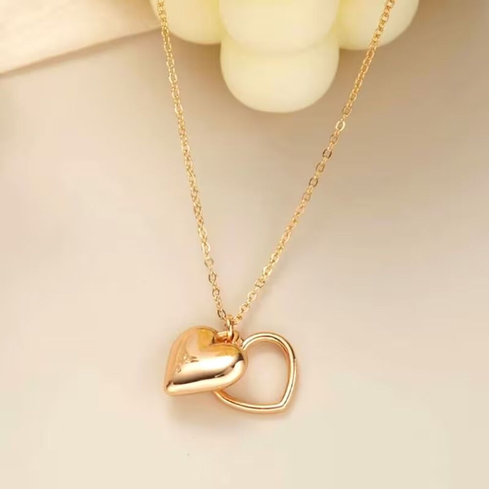 Double Gold Heart Pendant Necklace Open Charm Adjustable Chain Love Classic